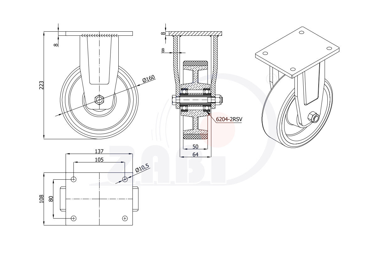 Колёса чугунные +полиуретан выдерживающие повышенную нагрузку, Колёса чугунные +полиуретан выдерживающие повышенную нагрузку, С неповоротными опорами с обозначением 43ZP