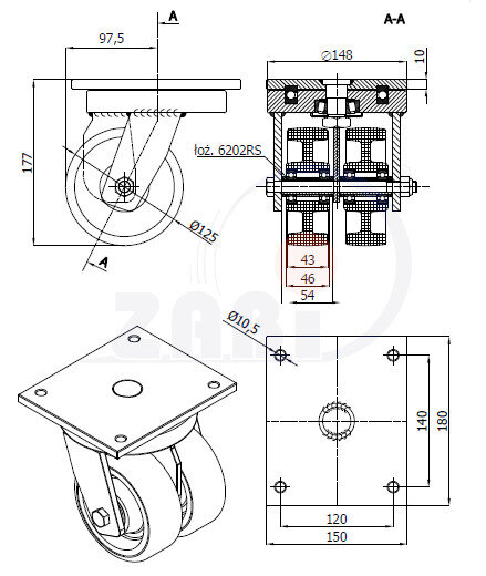 Колеса промышленные нейлоновые (полиамидные), Колёса полиамидные с опорами типа тандем выдерживающие повышенную нагрузку, С поворотными опорами с обозначением 22BND2