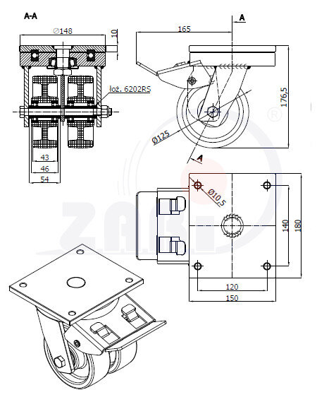Колеса промышленные нейлоновые (полиамидные), Колёса полиамидные с опорами типа тандем выдерживающие повышенную нагрузку, С поворотными опорами с тормозом с обозначением 25BNDH2