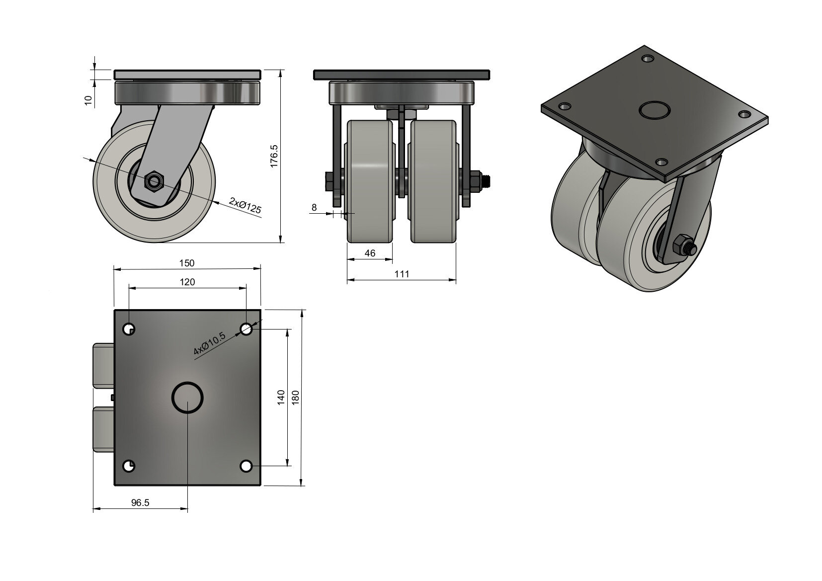 Koła poliamidowe do dużych obciążeń PA6G, W obudowach spawanych typu tandem do dużych obciążeń, W obudowach skrętnych spawanych o symbolu 22PA6GZ2