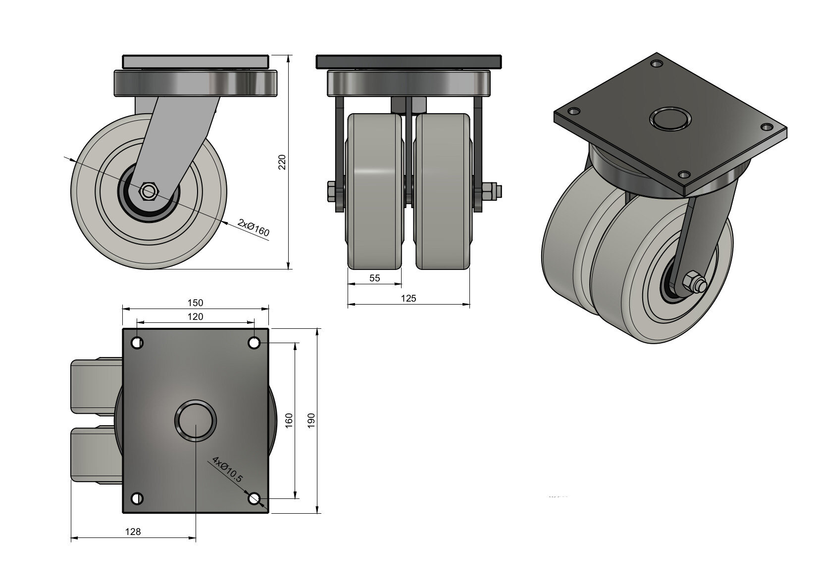 Koła poliamidowe do dużych obciążeń PA6G, W obudowach spawanych typu tandem do dużych obciążeń, W obudowach skrętnych spawanych o symbolu 42PA6GZ2