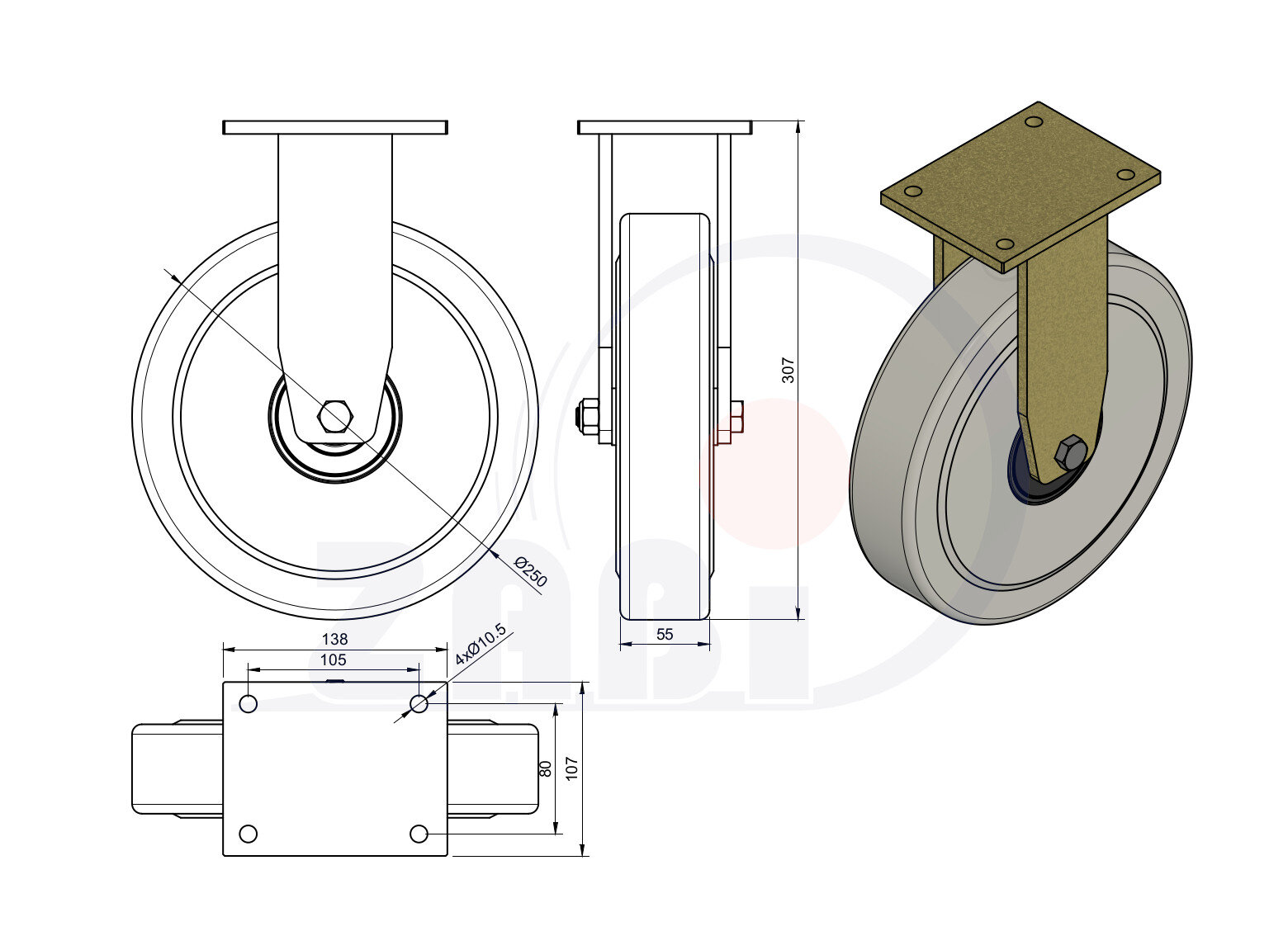Koła poliamidowe do dużych obciążeń PA6G, W obudowach spawanych, W obudowach stałych o symbolu 93PA6GZ