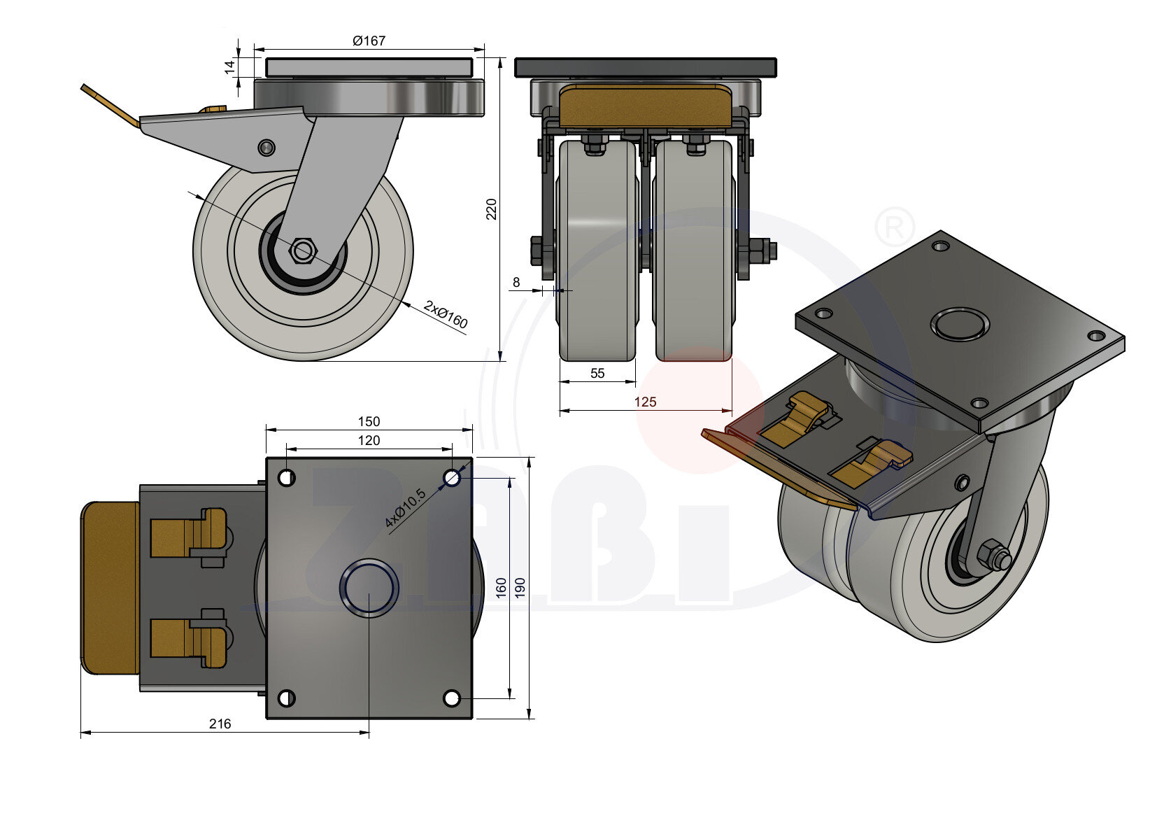 Koła poliamidowe do dużych obciążeń PA6G, W obudowach spawanych typu tandem do dużych obciążeń, W obudowach skrętnych spawanych z hamulcem o symbolu 45PA6GZH2