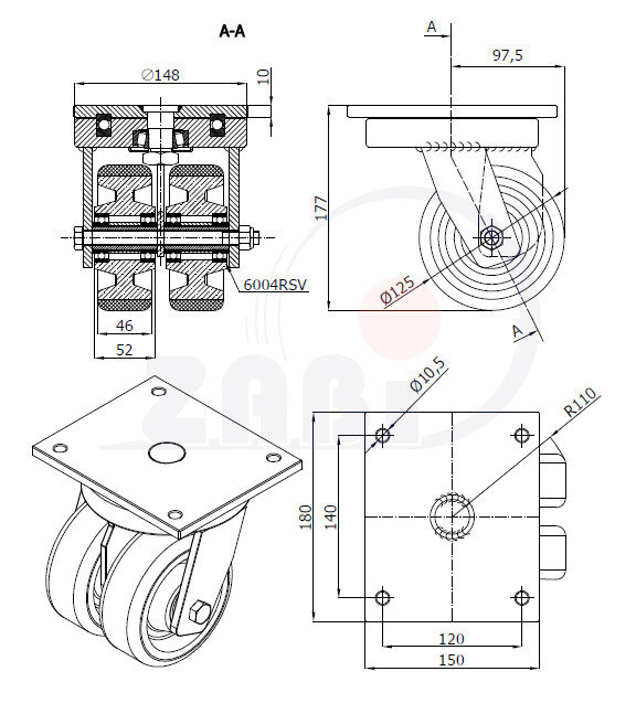Колёса чугунные +полиуретан выдерживающие повышенную нагрузку, Колёса чугун +полиуретан с опорами типа тандем выдерживающие повышенную нагрузку, С поворотными опорами с обозначением 22ZP2