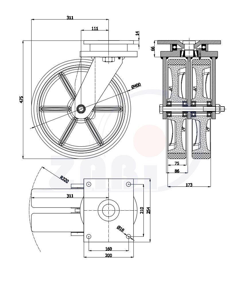 Колёса чугунные +полиуретан выдерживающие повышенную нагрузку, Колёса чугун +полиуретан с опорами типа тандем выдерживающие повышенную нагрузку, С поворотными опорами с обозначением 4002ZP2