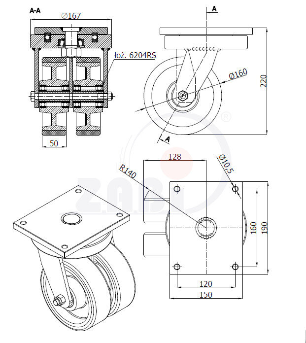 Колёса чугунные +полиуретан выдерживающие повышенную нагрузку, Колёса чугун +полиуретан с опорами типа тандем выдерживающие повышенную нагрузку, С поворотными опорами с обозначением 42ZP2