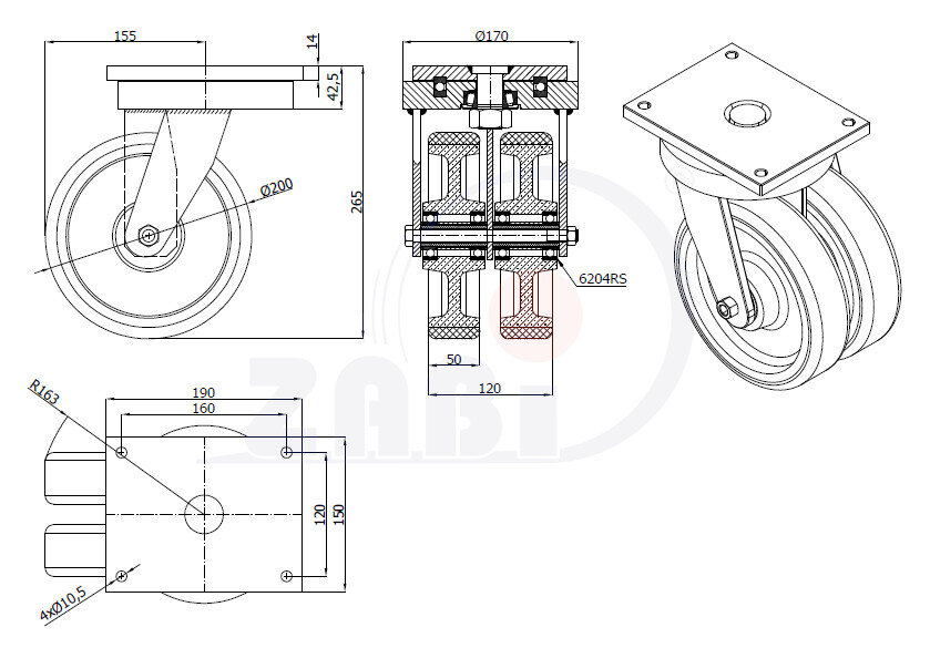 Колёса чугунные +полиуретан выдерживающие повышенную нагрузку, Колёса чугун +полиуретан с опорами типа тандем выдерживающие повышенную нагрузку, С поворотными опорами с обозначением 62ZP2