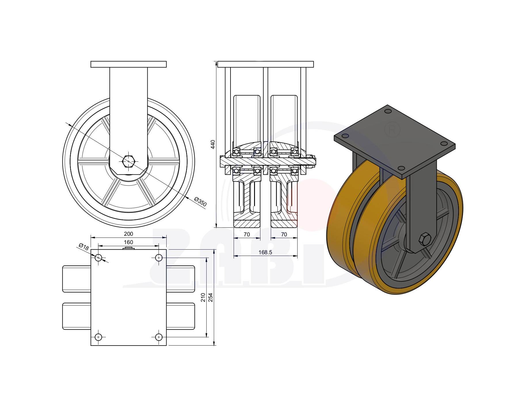 Колёса чугунные +полиуретан выдерживающие повышенную нагрузку, Колёса чугун +полиуретан с опорами типа тандем выдерживающие повышенную нагрузку, С неповоротными опорами с обозначением 3503ZP2