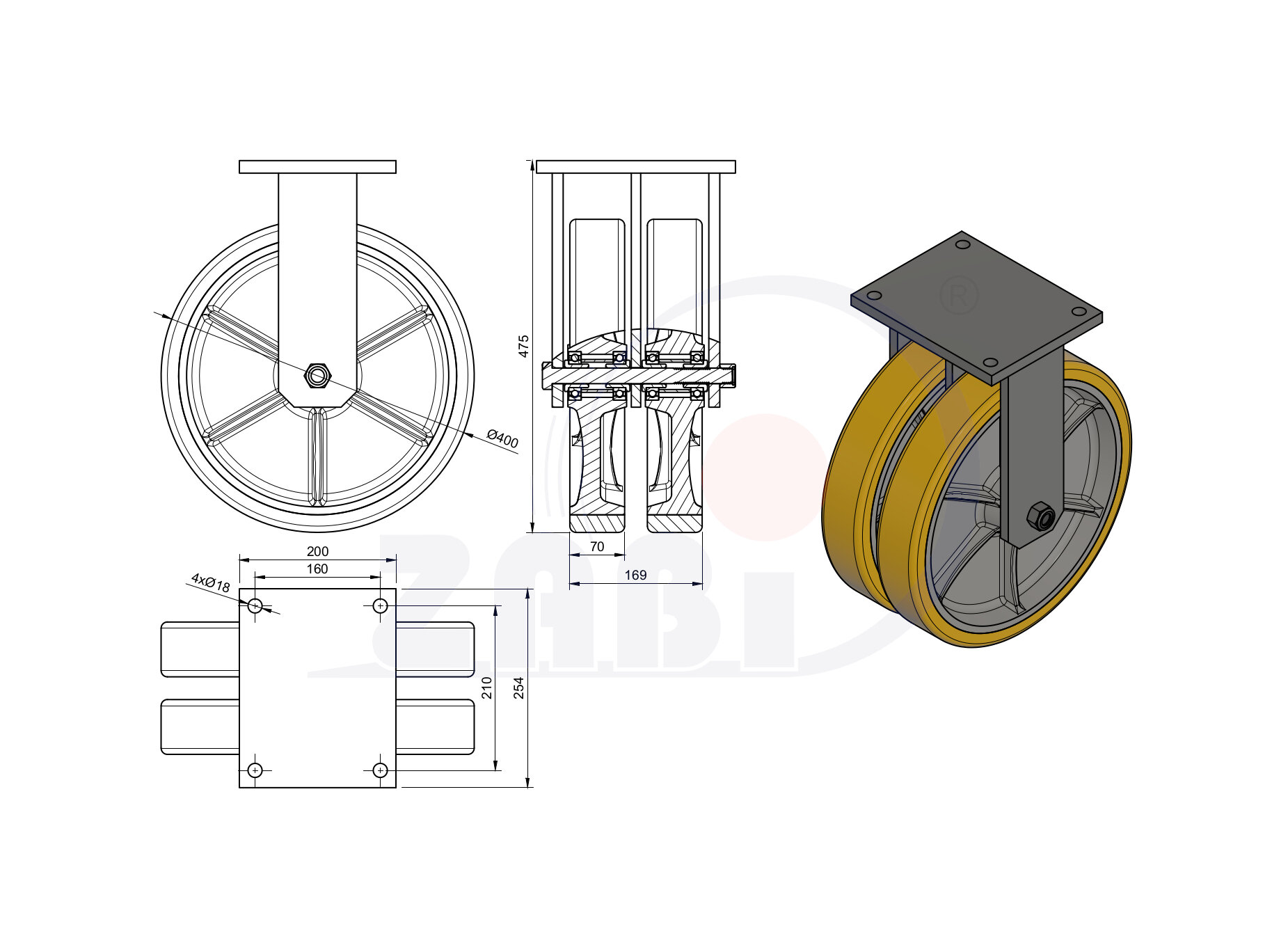 Колёса чугунные +полиуретан выдерживающие повышенную нагрузку, Колёса чугун +полиуретан с опорами типа тандем выдерживающие повышенную нагрузку, С неповоротными опорами с обозначением 4003ZP2