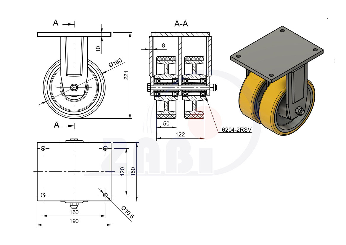 Колёса чугунные +полиуретан выдерживающие повышенную нагрузку, Колёса чугун +полиуретан с опорами типа тандем выдерживающие повышенную нагрузку, С неповоротными опорами с обозначением 43ZP2