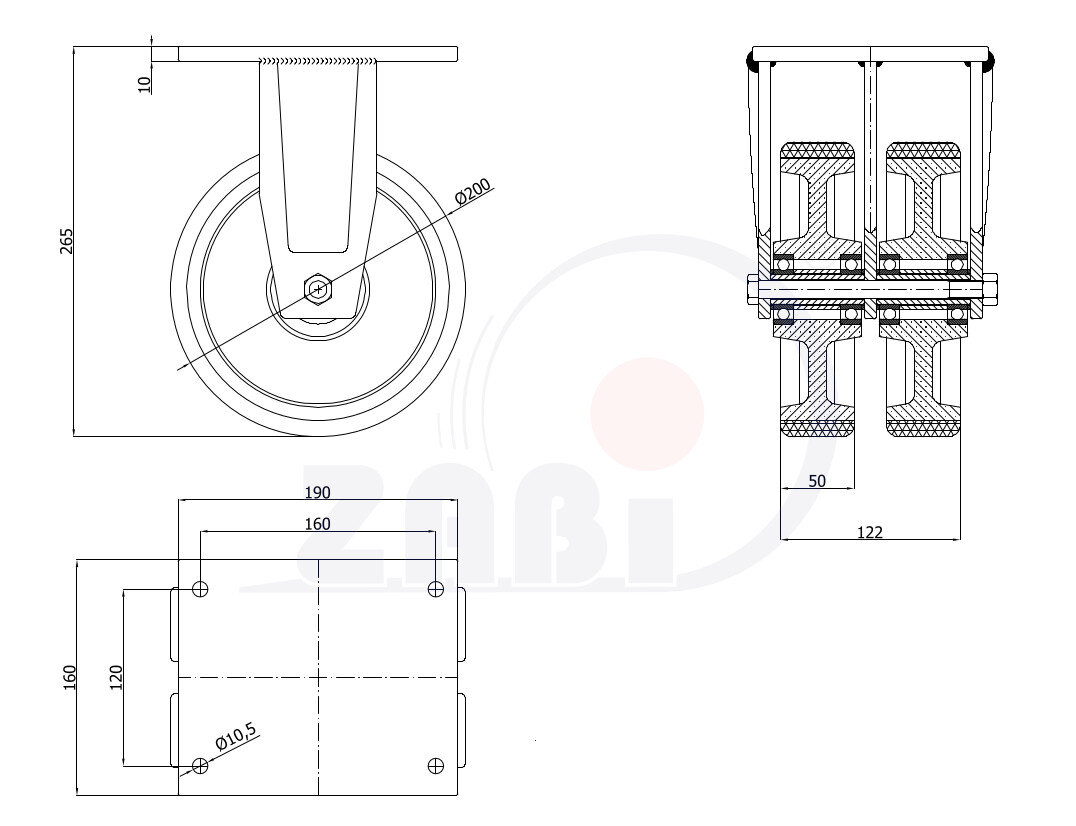 Колёса чугунные +полиуретан выдерживающие повышенную нагрузку, Колёса чугун +полиуретан с опорами типа тандем выдерживающие повышенную нагрузку, С неповоротными опорами с обозначением 63ZP2