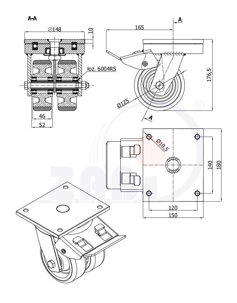 Колёса чугунные +полиуретан выдерживающие повышенную нагрузку, Колёса чугун +полиуретан с опорами типа тандем выдерживающие повышенную нагрузку, С поворотными опорами с тормозом с обозначением 25ZPH2