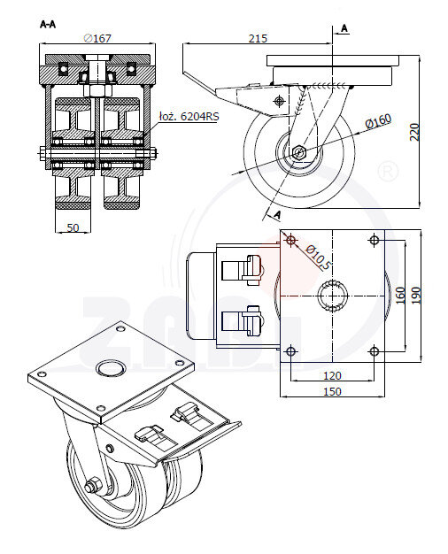 Колёса чугунные +полиуретан выдерживающие повышенную нагрузку, Колёса чугун +полиуретан с опорами типа тандем выдерживающие повышенную нагрузку, С поворотными опорами с тормозом с обозначением 45ZPH2
