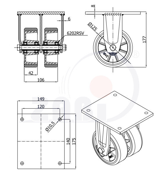 Koła aluminiowo-poliuretanowe, Do dużych obciążeń podwójne typu tandem, W obudowach stałych spawanych o symbolu A23PD2