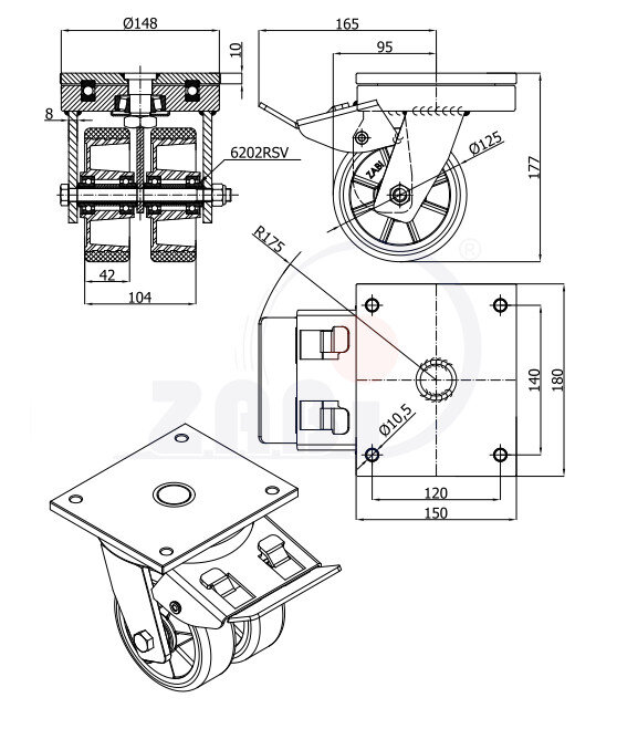Aluminium-Polyurethan-Räder, Doppel Aluminium aus Polyurethan im Gehäuse für große Belastungen, Lenkrollen mit Platte und Bremse mit dem Symbol A25PDH2
