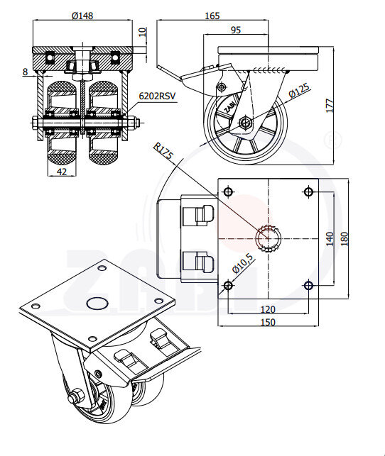 Koła aluminiowo-poliuretanowe, Do dużych obciążeń podwójne typu tandem, W obudowach skrętnych spawanych z hamulcem o symbolu A25PRDH2