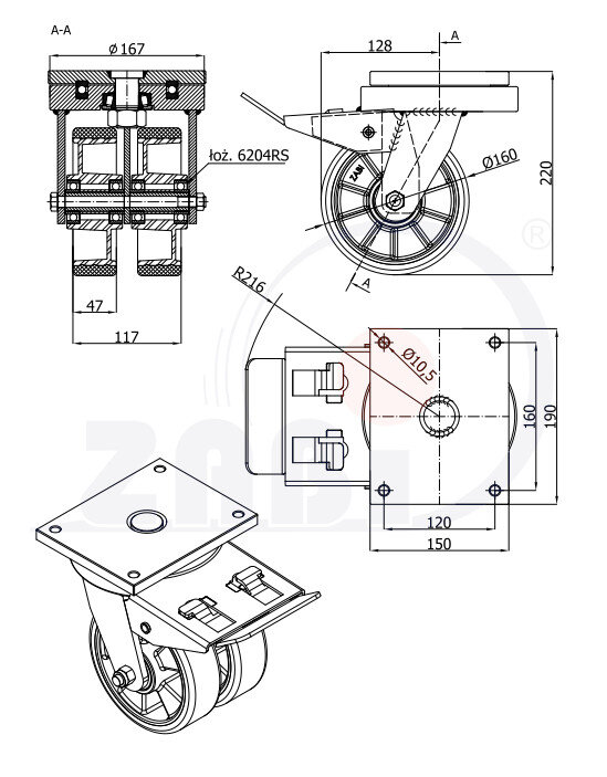 Koła aluminiowo-poliuretanowe, Do dużych obciążeń podwójne typu tandem, W obudowach skrętnych spawanych z hamulcem o symbolu A45PDH2