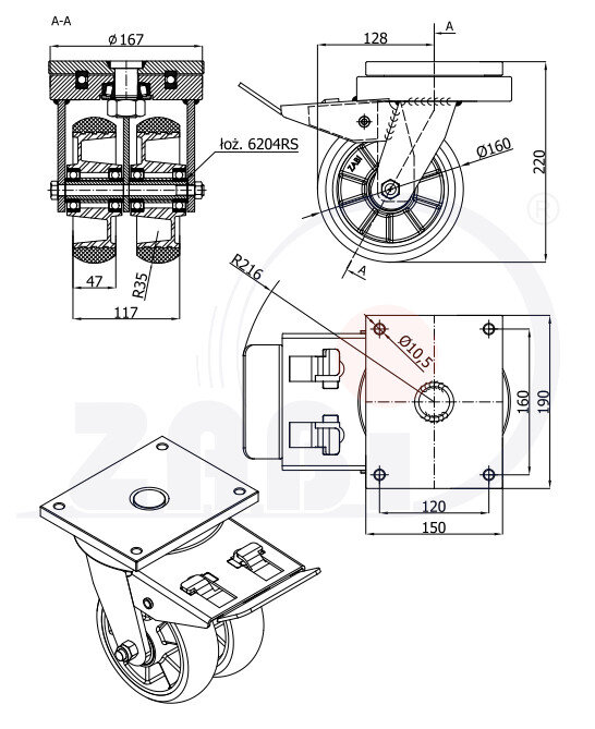 Koła aluminiowo-poliuretanowe, Do dużych obciążeń podwójne typu tandem, W obudowach skrętnych spawanych z hamulcem o symbolu A45PRDH2