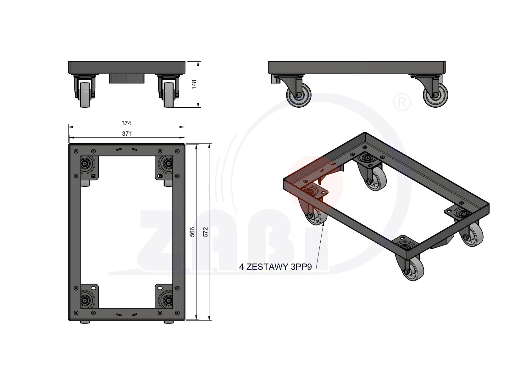 , Teile und Zubehör für Räder, TRANSPORTWAGEN mit dem Symbol WT-365X560 3PP9