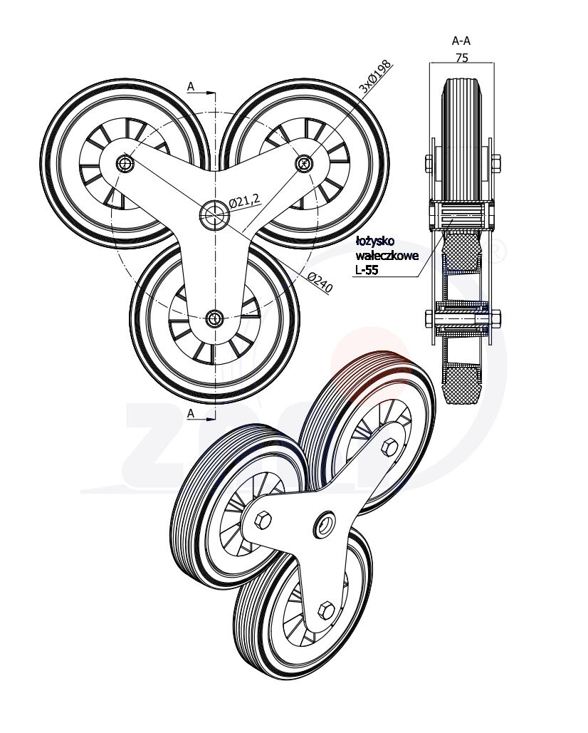 , Części i akcesoria do kół, Zestaw jezdny wózka transportowego schodowego o symbolu 60T-3-KTS