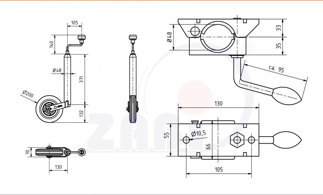 , Części i akcesoria do kół, Koło podporowe do przyczepy o symbolu KDP/200