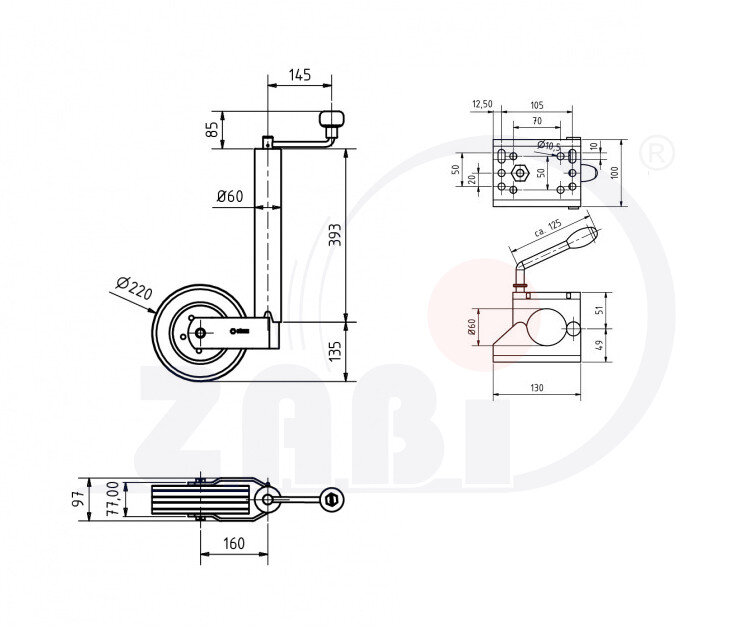 , Części i akcesoria do kół, Koło podporowe do przyczepy o symbolu KDP/220