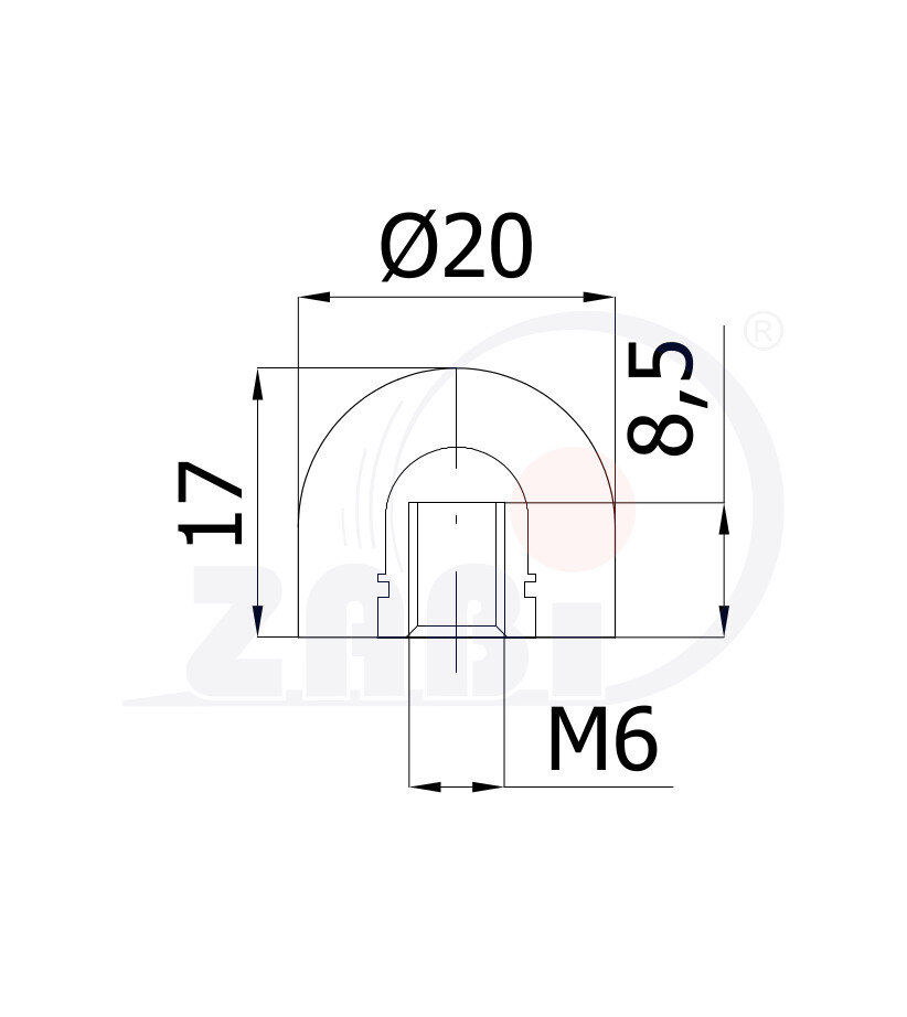 Części i akcesoria do kół, Odbojniki poliuretanowe, Odbojniki poliuretanowe z gwintem wewnętrznym o symbolu ODPU-D20x17/M6W