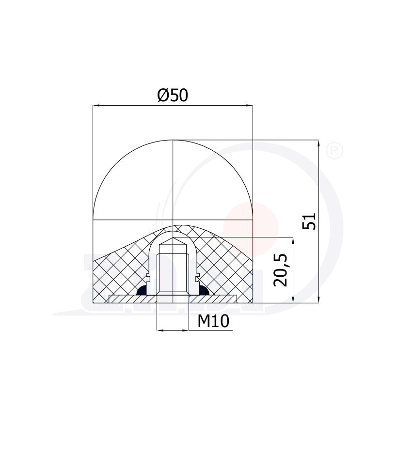 Części i akcesoria do kół, Odbojniki poliuretanowe, Odbojniki poliuretanowe z gwintem wewnętrznym o symbolu ODPU-D50X51/M10W