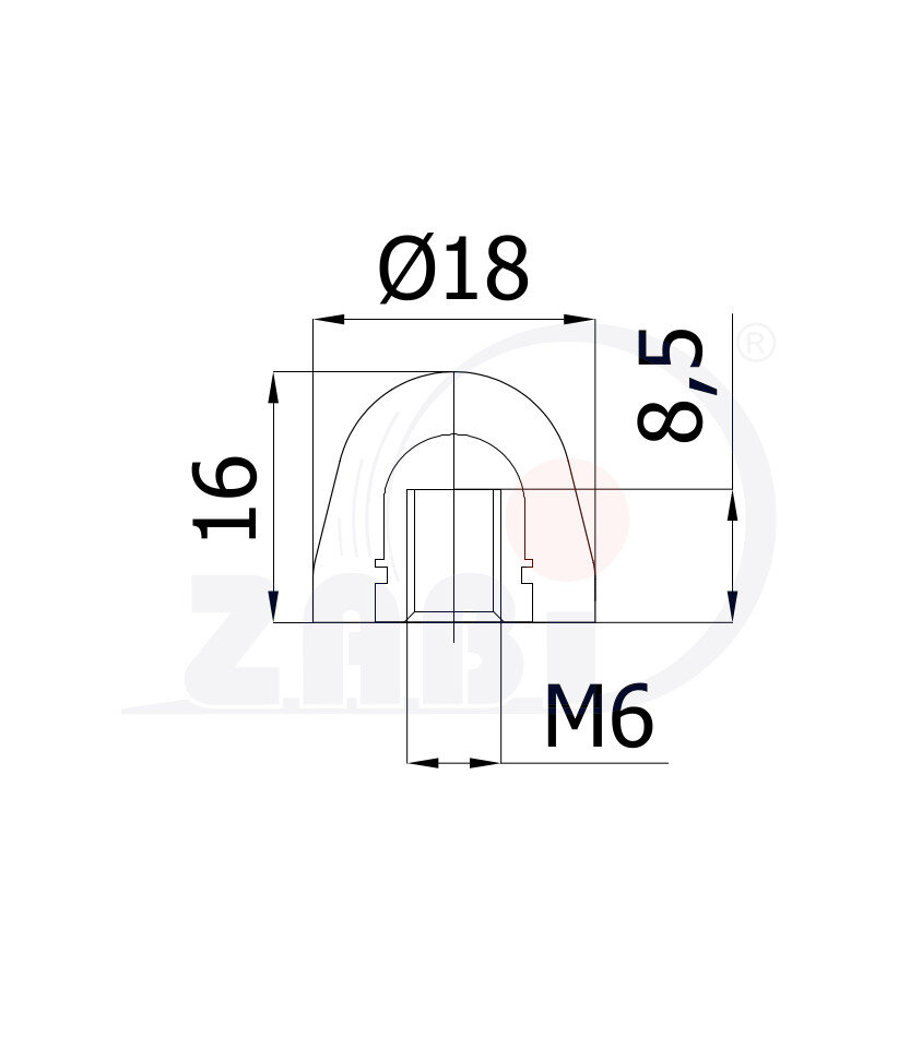 Części i akcesoria do kół, Odbojniki poliuretanowe, Odbojniki poliuretanowe z gwintem wewnętrznym o symbolu ODPU-SR18x16/M6W