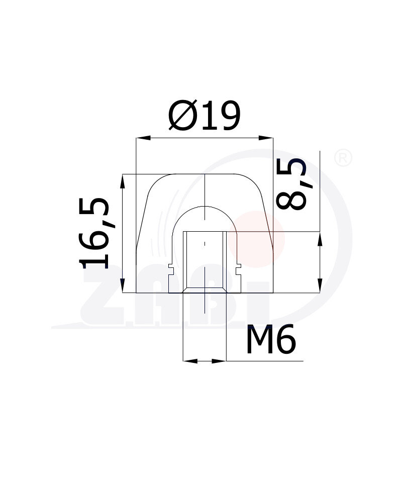 Części i akcesoria do kół, Odbojniki poliuretanowe, Odbojniki poliuretanowe z gwintem wewnętrznym o symbolu ODPU-SR19x16/M6W
