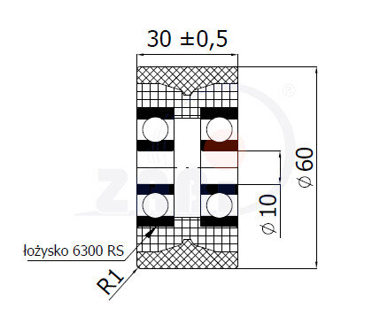 Ролики пластиковые и металлические, Ролики полиуретановые, Полиамидно-полиуретановые с обозначением RPAPU-60-30/10Ł