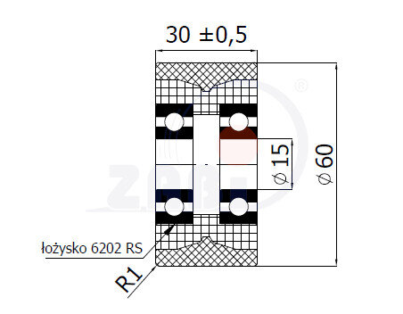 Ролики пластиковые и металлические, Ролики полиуретановые, Полиамидно-полиуретановые с обозначением RPAPU-60-30/15Ł