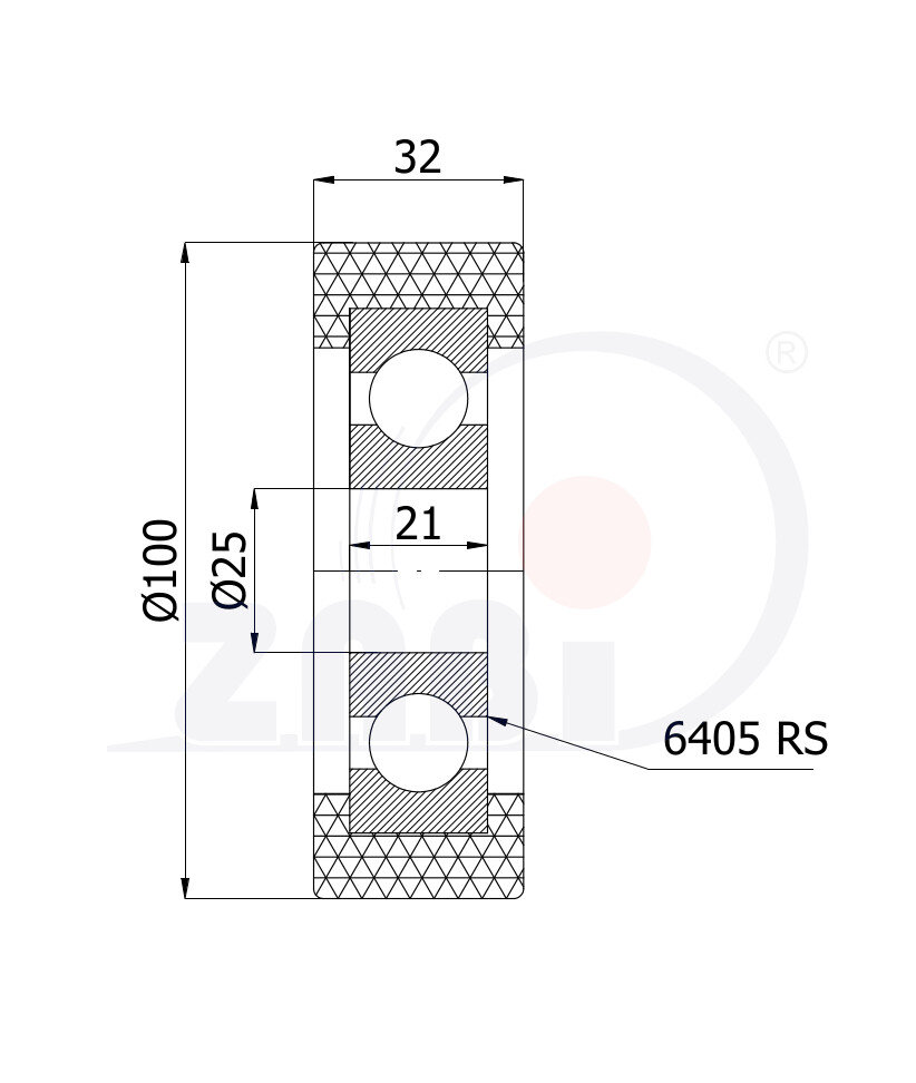 Rolki tworzywowe i metalowe, Rolki poliuretanowe, Poliuretanowe z łożyskiem o symbolu RP-100-32/25