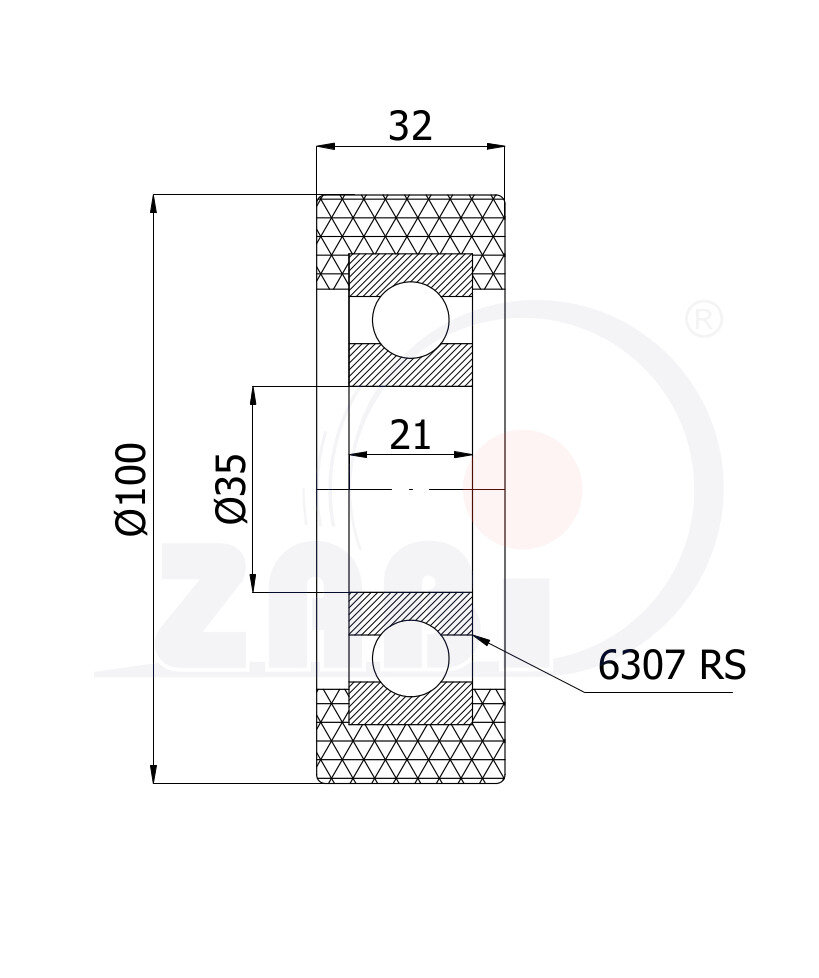 Rolki tworzywowe i metalowe, Rolki poliuretanowe, Poliuretanowe z łożyskiem o symbolu RP-100-32/35