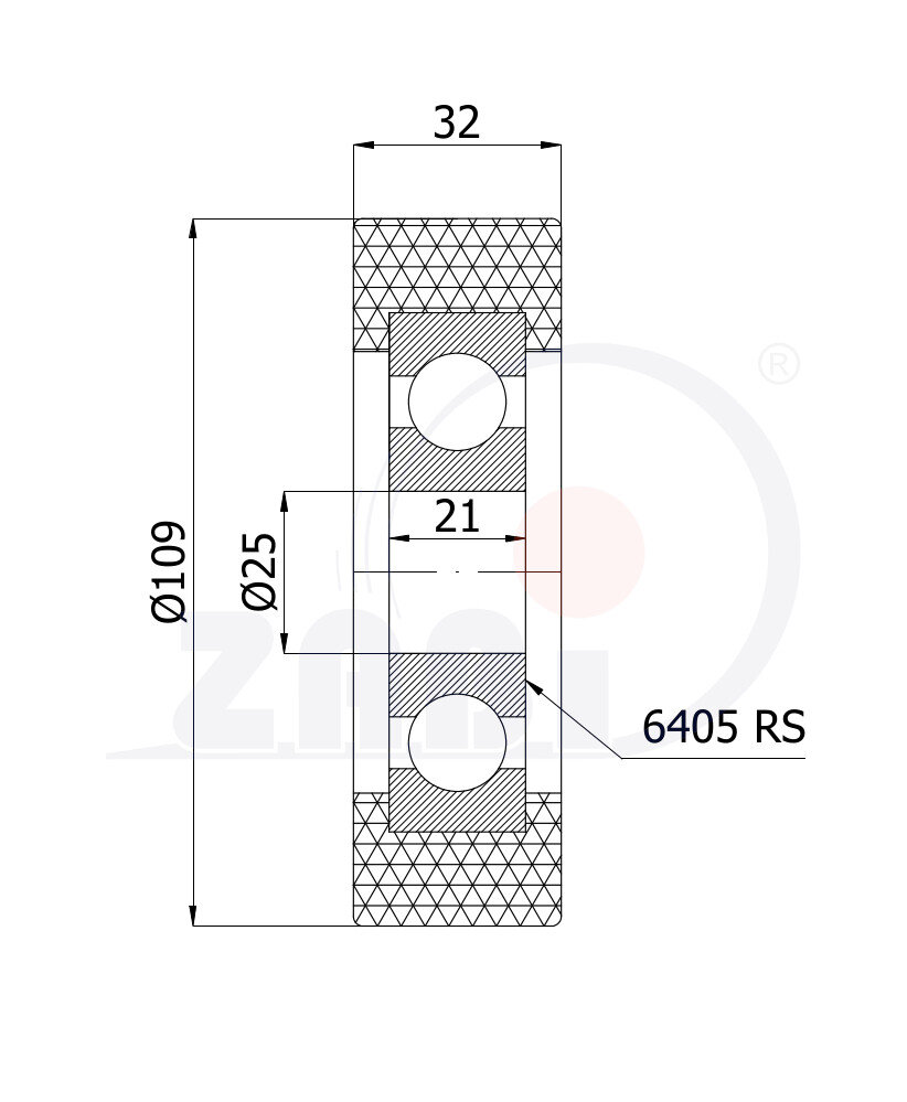 Rolki tworzywowe i metalowe, Rolki poliuretanowe, Poliuretanowe z łożyskiem o symbolu RP-109-32/25
