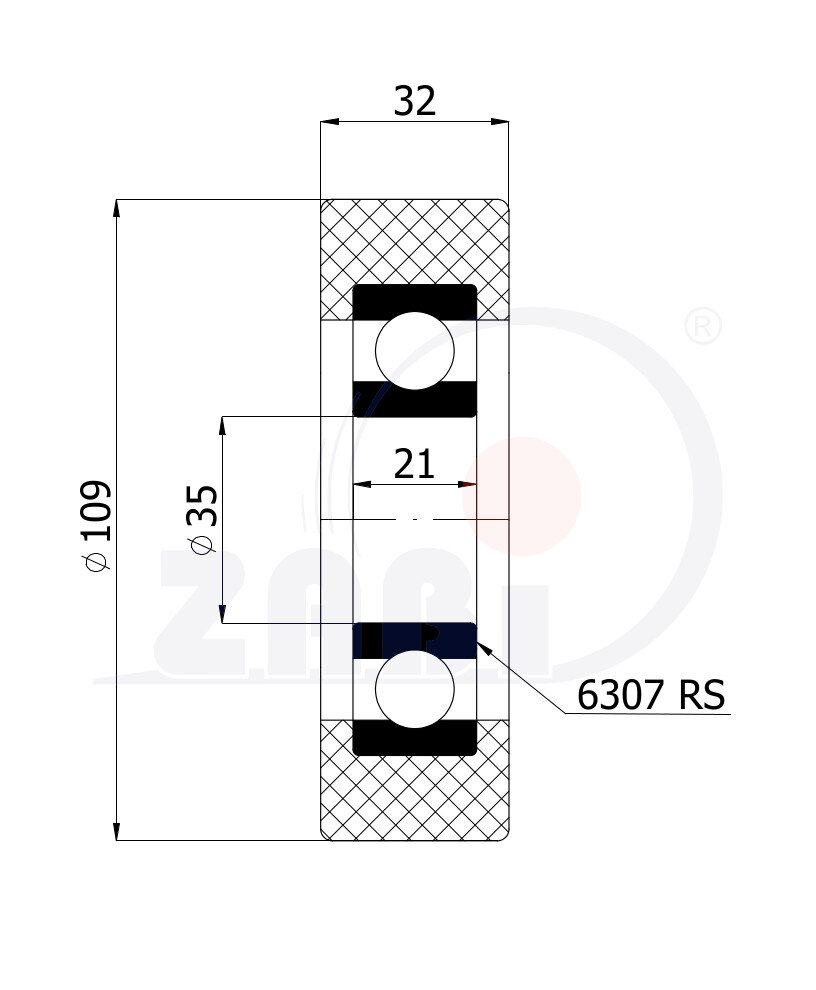 Rolki tworzywowe i metalowe, Rolki poliuretanowe, Poliuretanowe z łożyskiem o symbolu RP-109-32/35