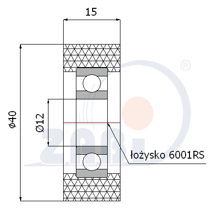 Ролики пластиковые и металлические, Ролики полиуретановые, Ролик полиуретановый на подшипнике с обозначением RP-40-15/12