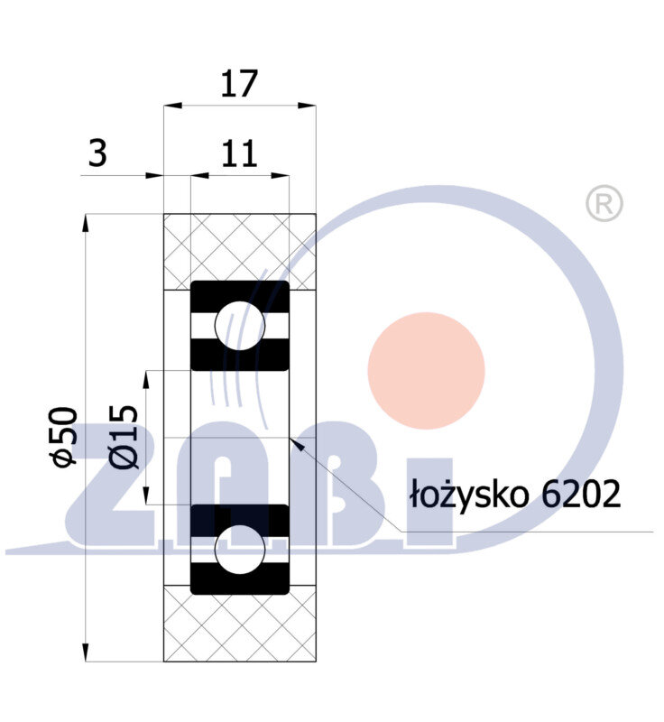 Ролики пластиковые и металлические, Ролики полиуретановые, Ролик полиуретановый на подшипнике с обозначением RP-50-17/15