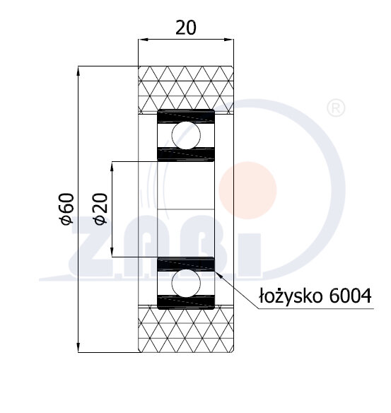 Rolki tworzywowe i metalowe, Rolki poliuretanowe, Poliuretanowe z łożyskiem o symbolu RP-60-20/20