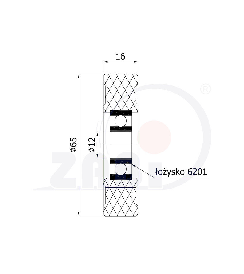 Rolki tworzywowe i metalowe, Rolki poliuretanowe, Poliuretanowe z łożyskiem o symbolu RP-65-16/12