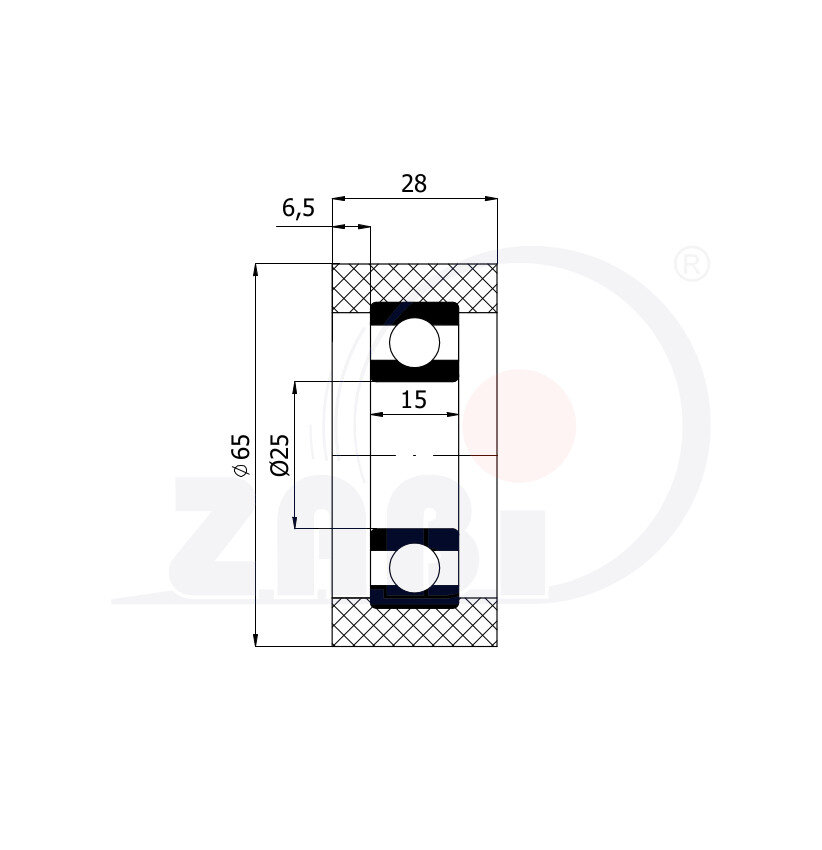 Rolki tworzywowe i metalowe, Rolki poliuretanowe, Poliuretanowe z łożyskiem o symbolu RP-65-28/25