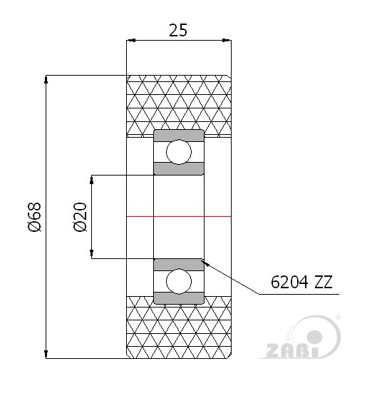 Rolki tworzywowe i metalowe, Rolki poliuretanowe, Poliuretanowe z łożyskiem o symbolu RP-68-25/20