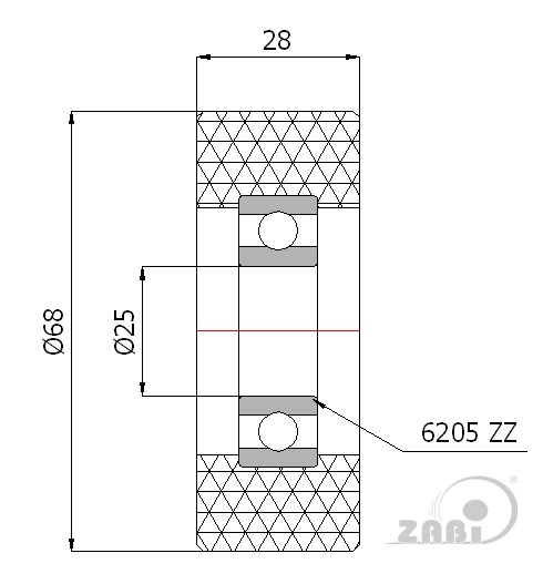 Rolki tworzywowe i metalowe, Rolki poliuretanowe, Poliuretanowe z łożyskiem o symbolu RP-68-28/25