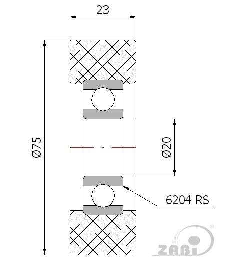Rolki tworzywowe i metalowe, Rolki poliuretanowe, Poliuretanowe z łożyskiem o symbolu RP-75-23/20