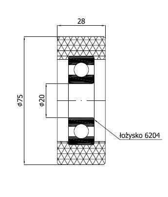 Rolki tworzywowe i metalowe, Rolki poliuretanowe, Poliuretanowe z łożyskiem o symbolu RP-75-28/20