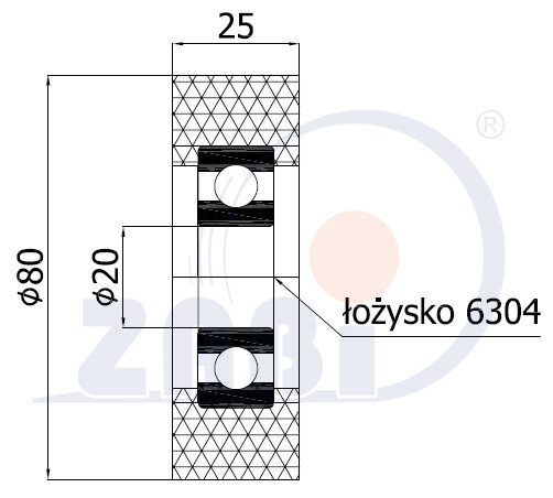 Rolki tworzywowe i metalowe, Rolki poliuretanowe, Poliuretanowe z łożyskiem o symbolu RP-80-25/20