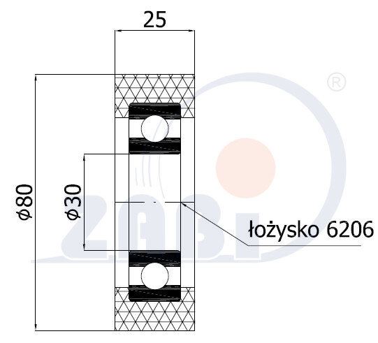 Rolki tworzywowe i metalowe, Rolki poliuretanowe, Poliuretanowe z łożyskiem o symbolu RP-80-25/30