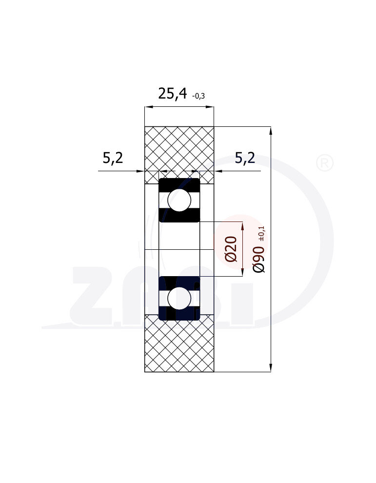 Rolki tworzywowe i metalowe, Rolki poliuretanowe, Poliuretanowe z łożyskiem o symbolu RP-90-25/20