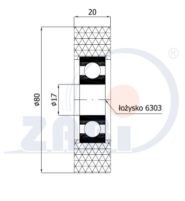 Rolki tworzywowe i metalowe, Rolki poliuretanowe, Poliuretanowe z łożyskiem o symbolu RP-80-20/17