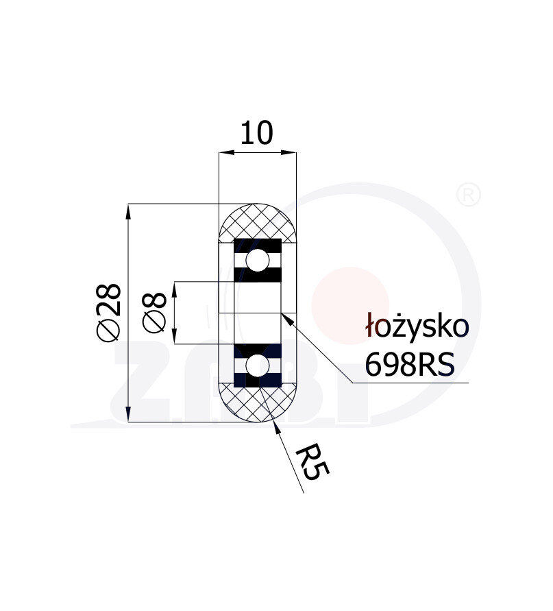 Rolki tworzywowe i metalowe, Rolki poliuretanowe, Poliuretanowe zaokrąglone z łożyskiem o symbolu RPC-28-10/8